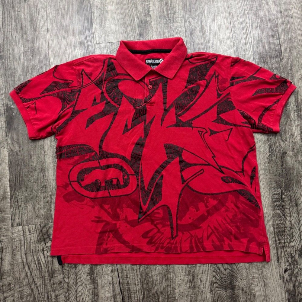 Y2K Ecko Unltd Cotton Polo Shirt All Over Print Graffiti Style XL